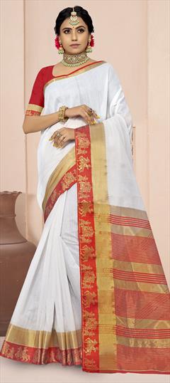 Traditional White and Off White color Saree in Cotton fabric with Bengali Weaving work : 1805449