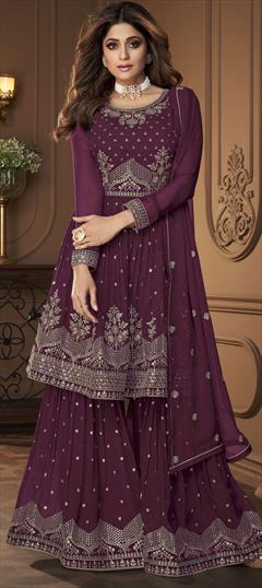 Bollywood Purple and Violet color Salwar Kameez in Faux Georgette fabric with Sharara Embroidered, Sequence, Thread, Zari work : 1805452