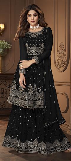 Bollywood Black and Grey color Salwar Kameez in Faux Georgette fabric with Sharara Embroidered, Sequence, Thread, Zari work : 1805454