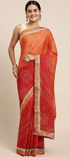 Casual, Festive, Party Wear Orange, Red and Maroon color Saree in Chiffon fabric with Classic, Rajasthani Bandhej, Lace, Printed work : 1805455