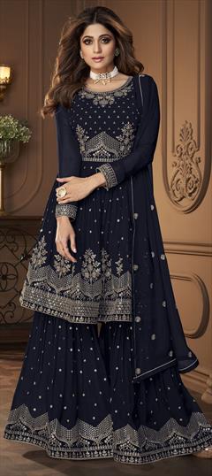 Bollywood Blue color Salwar Kameez in Faux Georgette fabric with Sharara Embroidered, Sequence, Thread, Zari work : 1805456