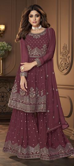Bollywood Red and Maroon color Salwar Kameez in Faux Georgette fabric with Sharara Embroidered, Sequence, Thread, Zari work : 1805458