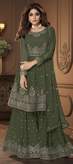 Bollywood Green color Salwar Kameez in Faux Georgette fabric with Sharara Embroidered, Sequence, Thread, Zari work : 1805459