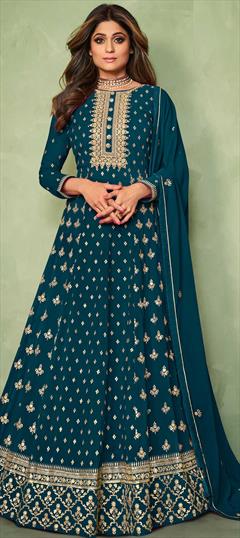Bollywood Blue color Salwar Kameez in Faux Georgette fabric with Anarkali Embroidered, Sequence, Thread, Zari work : 1805495