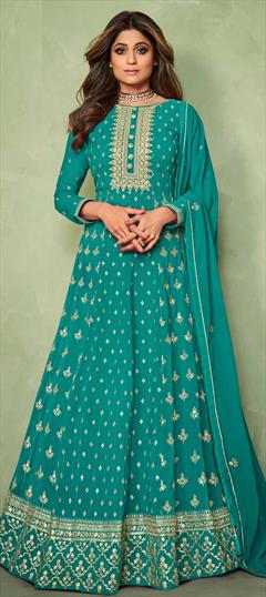 Bollywood Blue color Salwar Kameez in Faux Georgette fabric with Anarkali Embroidered, Sequence, Thread, Zari work : 1805496