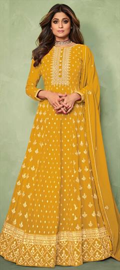 Bollywood Yellow color Salwar Kameez in Faux Georgette fabric with Anarkali Embroidered, Sequence, Thread, Zari work : 1805498