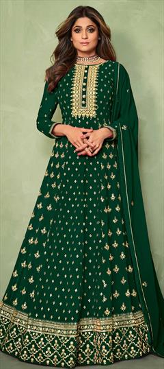Bollywood Green color Salwar Kameez in Faux Georgette fabric with Anarkali Embroidered, Sequence, Thread, Zari work : 1805503