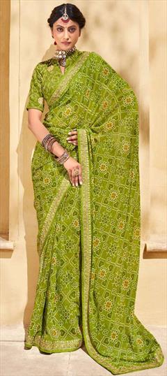 Festive, Party Wear Green color Saree in Chiffon fabric with Classic, Rajasthani Bandhej, Printed work : 1805550