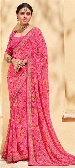 Festive, Party Wear Pink and Majenta color Saree in Chiffon fabric with Classic, Rajasthani Bandhej, Printed work : 1805553