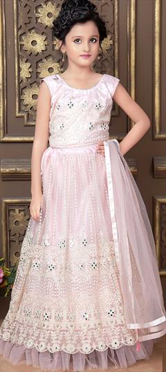 Pink and Majenta color Kids Lehenga in Net fabric with Embroidered, Mirror, Thread work : 1805628