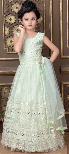 Green color Kids Lehenga in Net fabric with Embroidered, Mirror, Thread work : 1805629