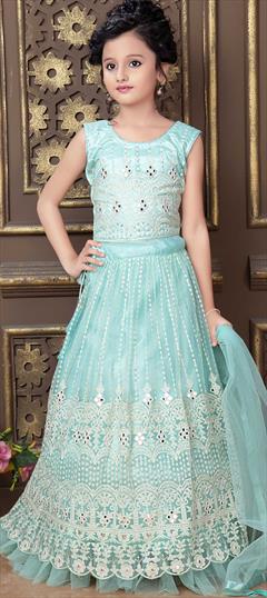 Blue color Kids Lehenga in Net fabric with Embroidered, Mirror, Thread work : 1805630