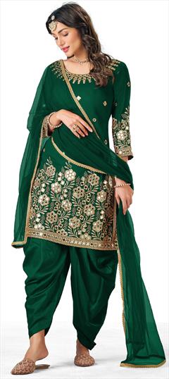 Festive, Party Wear Green color Salwar Kameez in Art Silk fabric with Patiala Embroidered, Mirror, Thread work : 1805638