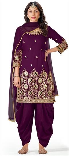 Festive, Party Wear Purple and Violet color Salwar Kameez in Art Silk fabric with Patiala Embroidered, Mirror, Thread work : 1805639