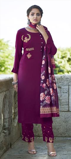 Festive, Party Wear Pink and Majenta color Salwar Kameez in Rayon fabric with Straight Embroidered, Thread work : 1805641