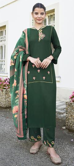 Festive, Party Wear Green color Salwar Kameez in Rayon fabric with Straight Embroidered, Thread work : 1805643