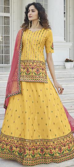 Festive, Reception Pink and Majenta, Yellow color Long Lehenga Choli in Chiffon fabric with Embroidered, Gota Patti, Sequence, Thread work : 1805651