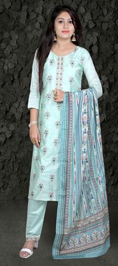 Festive, Party Wear Blue color Salwar Kameez in Chanderi Silk fabric with Straight Embroidered, Thread work : 1805669