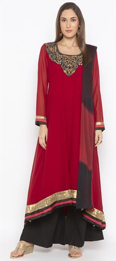 Festive, Party Wear Red and Maroon color Salwar Kameez in Georgette fabric with Asymmetrical, Palazzo Bugle Beads, Embroidered, Mirror, Patch, Resham, Thread work : 1805741