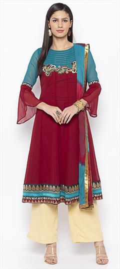 Festive, Party Wear Red and Maroon color Salwar Kameez in Georgette fabric with Anarkali Bugle Beads, Patch, Resham, Stone work : 1805744