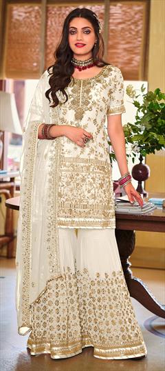 Festive, Reception White and Off White color Salwar Kameez in Faux Georgette fabric with Pakistani, Sharara Embroidered, Lace, Sequence, Stone, Thread work : 1805780