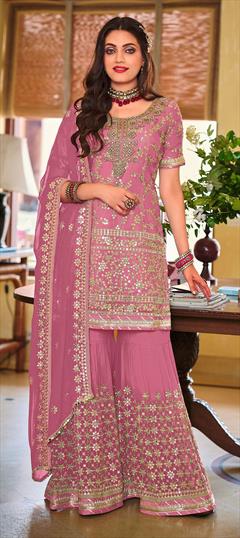 Festive, Reception Pink and Majenta color Salwar Kameez in Faux Georgette fabric with Pakistani, Sharara Embroidered, Lace, Sequence, Stone, Thread work : 1805785