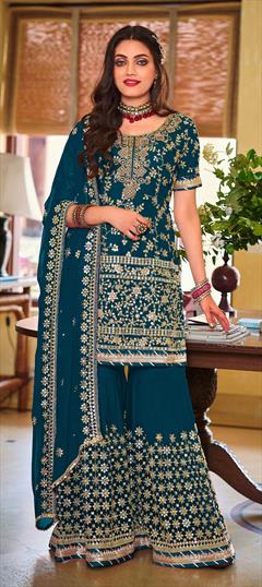 Festive, Reception Blue color Salwar Kameez in Faux Georgette fabric with Pakistani, Sharara Embroidered, Lace, Sequence, Stone, Thread work : 1805786