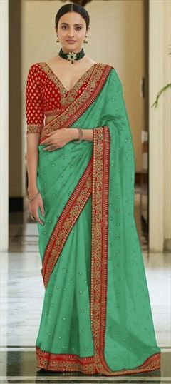 Traditional Green color Saree in Art Silk, Silk fabric with South Border, Sequence, Thread work : 1805913