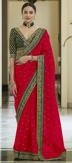 Traditional Red and Maroon color Saree in Art Silk, Silk fabric with South Border, Sequence, Thread work : 1805914