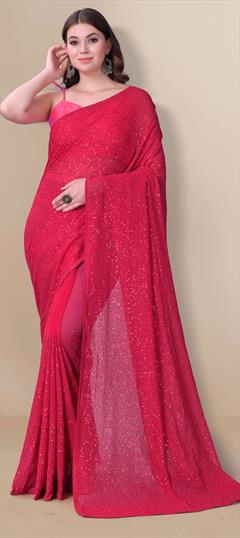 Party Wear Pink and Majenta color Saree in Georgette fabric with Classic Embroidered, Sequence, Thread work : 1806151