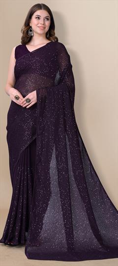 Party Wear Purple and Violet color Saree in Georgette fabric with Classic Embroidered, Sequence, Thread work : 1806154