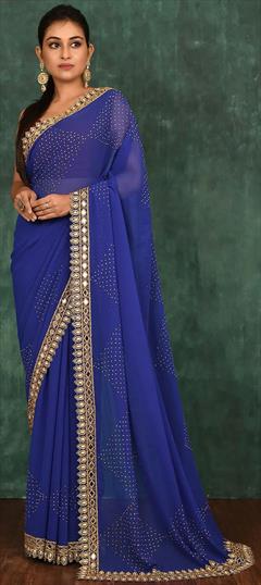 Engagement, Wedding Blue color Saree in Georgette fabric with Classic Cut Dana, Zircon work : 1806193