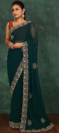 Engagement, Wedding Blue color Saree in Georgette fabric with Classic Cut Dana, Zircon work : 1806194