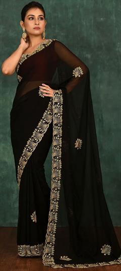 Engagement, Wedding Black and Grey color Saree in Georgette fabric with Classic Cut Dana, Zircon work : 1806195