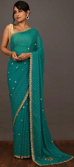 Engagement, Wedding Blue color Saree in Georgette fabric with Classic Cut Dana, Zircon work : 1806199