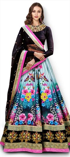 Festive, Party Wear, Reception Multicolor color Lehenga in Satin Silk fabric with A Line Digital Print, Embroidered, Floral, Sequence, Thread work : 1806202