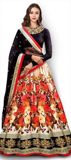 Festive, Party Wear, Reception Multicolor color Lehenga in Satin Silk fabric with A Line Digital Print, Embroidered, Floral, Sequence, Thread work : 1806203