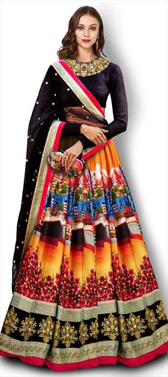 Festive, Party Wear, Reception Multicolor color Lehenga in Satin Silk fabric with A Line Digital Print, Embroidered, Floral, Sequence, Thread work : 1806204