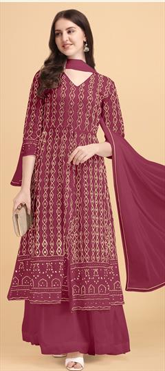 Festive, Party Wear Red and Maroon color Salwar Kameez in Faux Georgette fabric with Palazzo Embroidered, Lace, Sequence work : 1806211