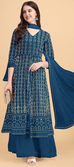 Festive, Party Wear Blue color Salwar Kameez in Faux Georgette fabric with Palazzo Embroidered, Lace, Sequence work : 1806215