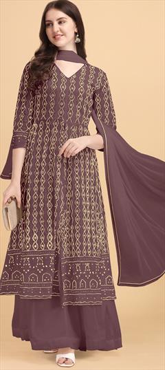Festive, Party Wear Beige and Brown color Salwar Kameez in Faux Georgette fabric with Palazzo Embroidered, Lace, Sequence work : 1806217
