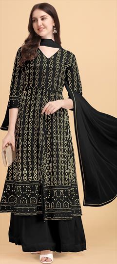 Festive, Party Wear Black and Grey color Salwar Kameez in Faux Georgette fabric with Palazzo Embroidered, Lace, Sequence work : 1806219