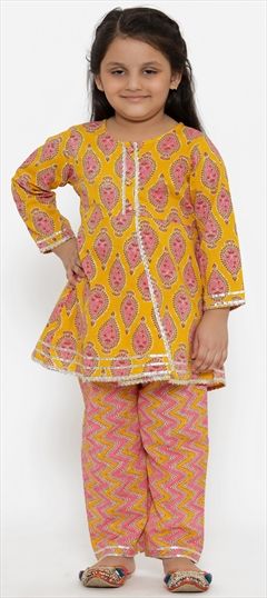 Casual Pink and Majenta, Yellow color Girls Top with Bottom in Cotton fabric with Gota Patti, Printed work : 1806245