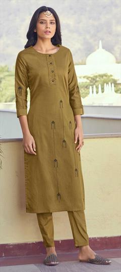 Casual Beige and Brown color Tunic with Bottom in Art Silk fabric with Embroidered, Resham, Thread work : 1806554