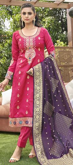 Party Wear Pink and Majenta color Salwar Kameez in Banarasi Silk fabric with Straight Weaving work : 1806562