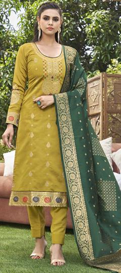 Party Wear Yellow color Salwar Kameez in Banarasi Silk fabric with Straight Weaving work : 1806563