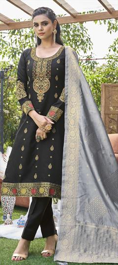 Party Wear Black and Grey color Salwar Kameez in Banarasi Silk fabric with Straight Weaving work : 1806564