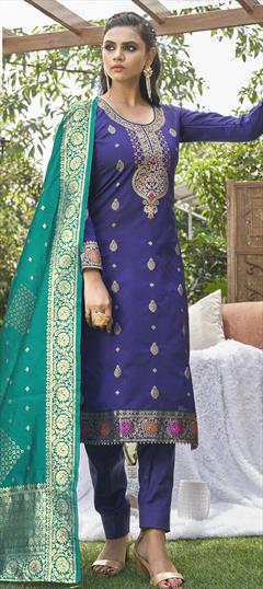 Party Wear Blue color Salwar Kameez in Banarasi Silk fabric with Straight Weaving work : 1806565