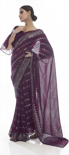 Party Wear, Reception Purple and Violet color Saree in Georgette fabric with Classic Sequence, Thread work : 1806572