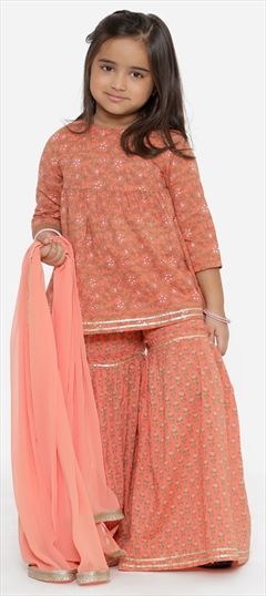 Orange color Kids Salwar in Cotton fabric with Gota Patti, Printed work : 1806655